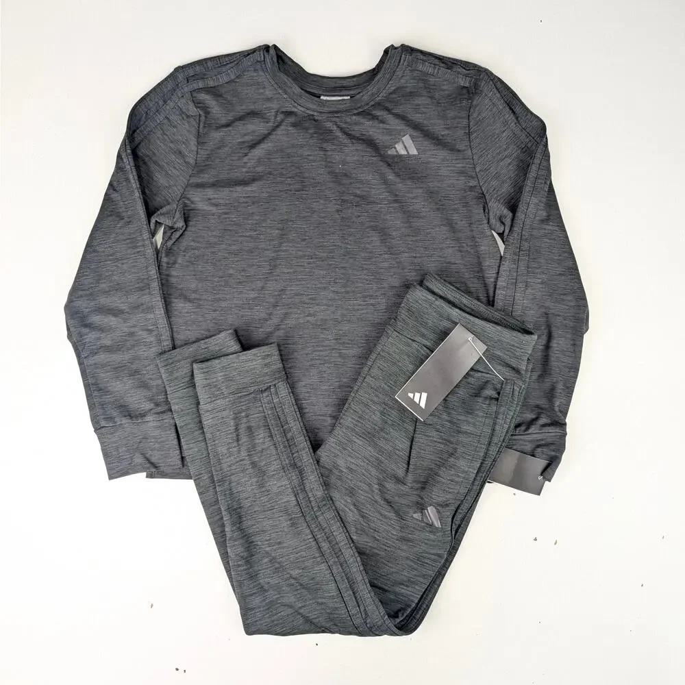Adidas Girls Small Black Melange 3 Stripe Joggers & Long Sleeve Training Tee Set